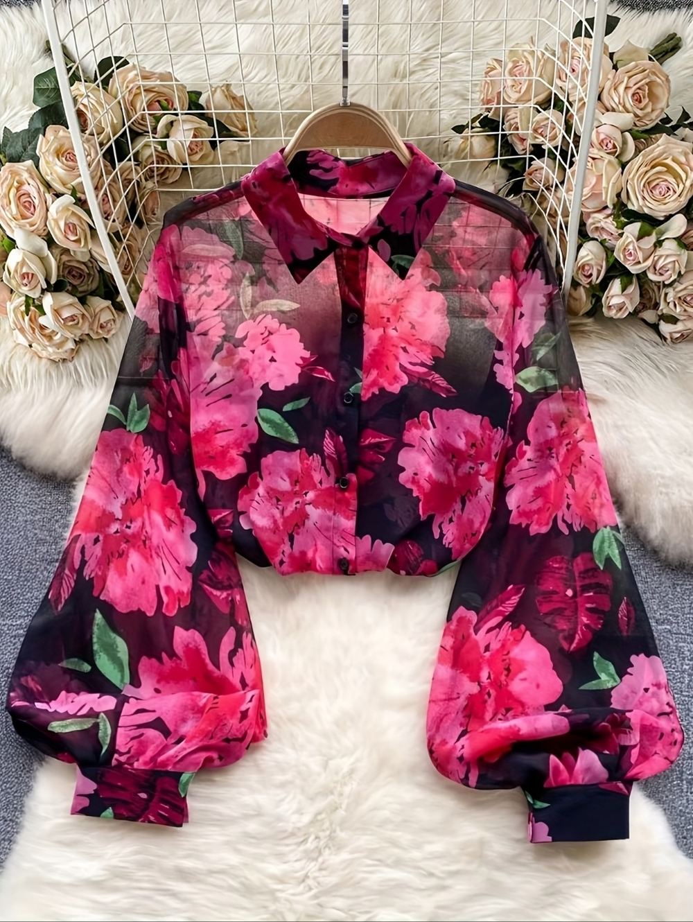 Vibrant Sheet Pink Floral Blooms Button-Up Blouse